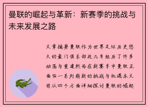 曼联的崛起与革新：新赛季的挑战与未来发展之路